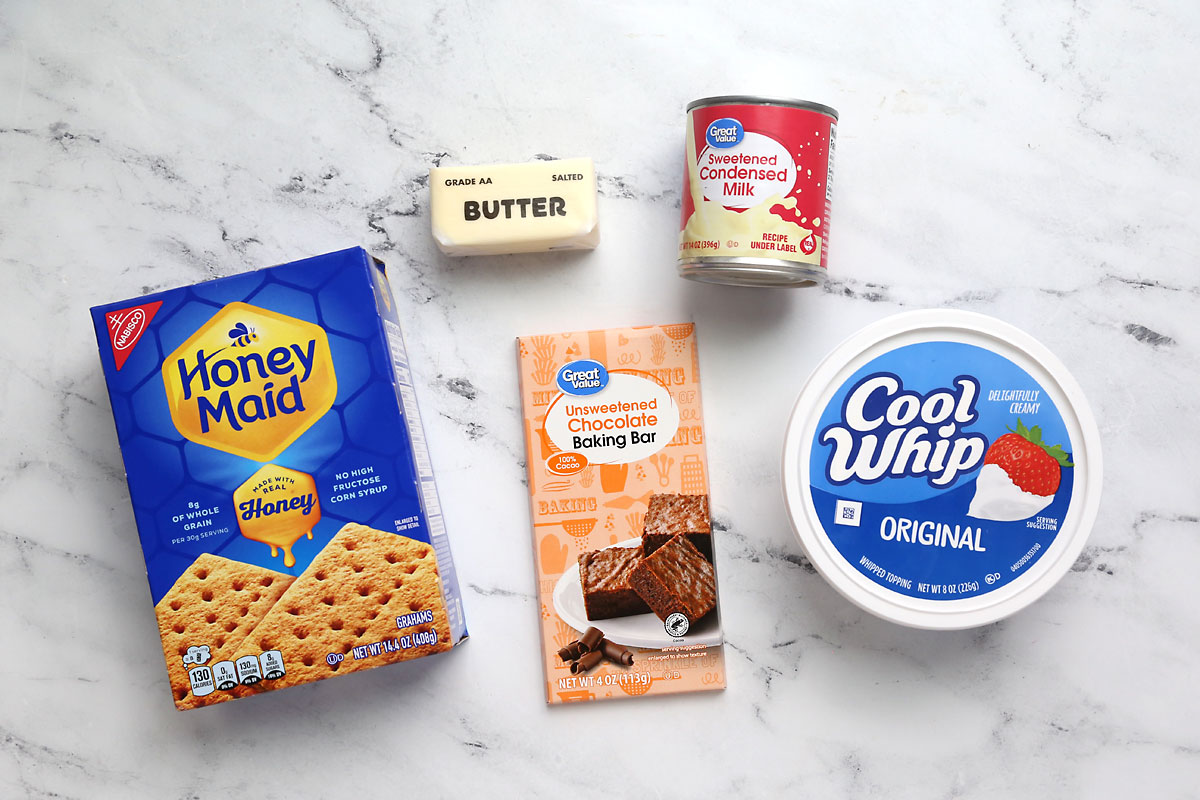 Graham crackers, butter, unsweetened chocolate, sweetened condensed milk, cool whip.