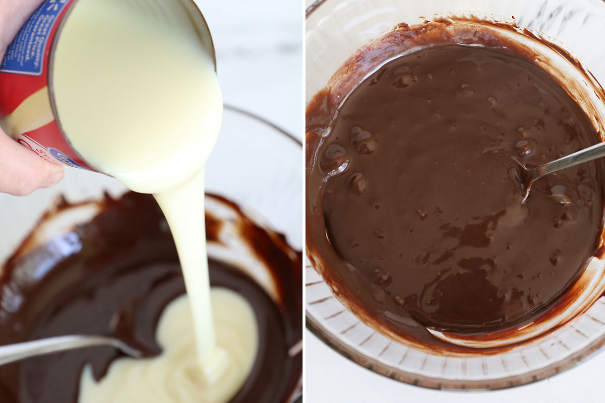 Sweetened condensed milk stirred into melted chocolate.