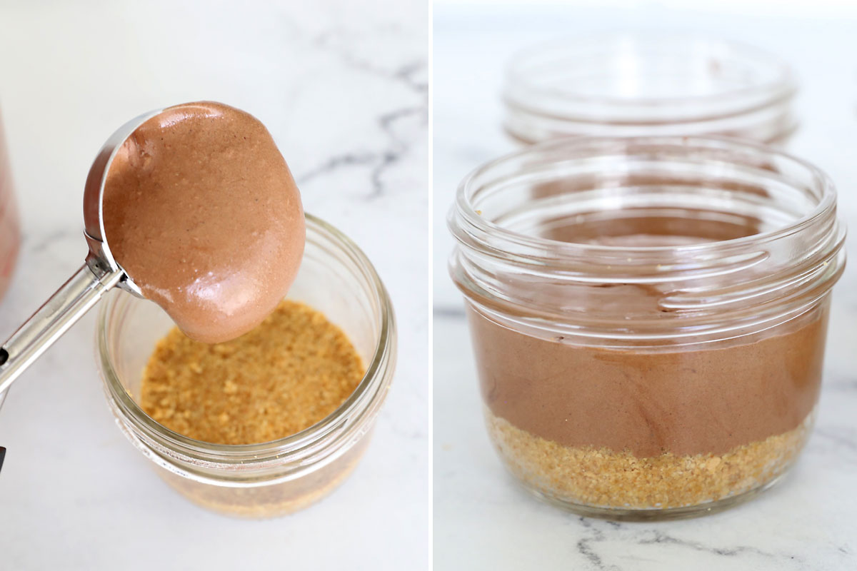 Chocolate filling poured into containers.