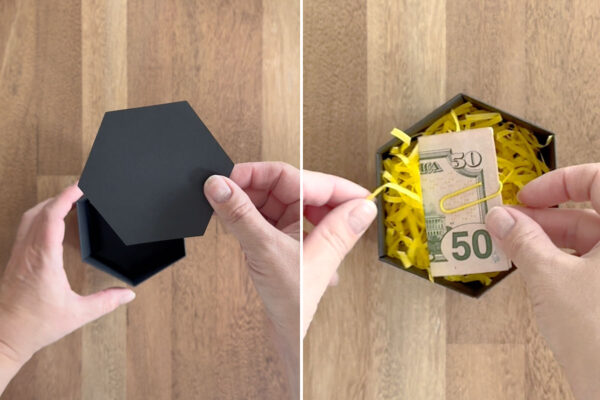 Adding money to the smallest box.