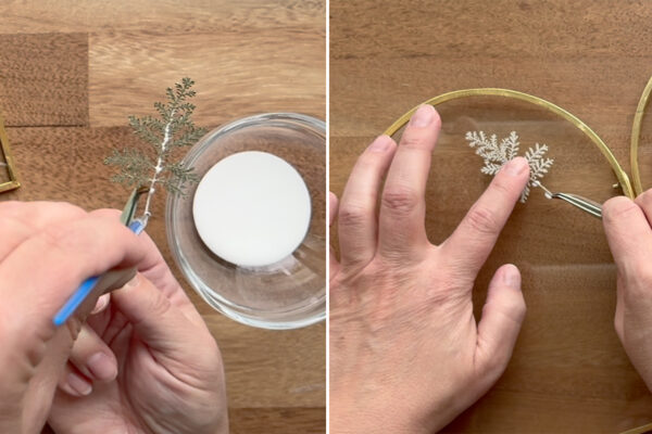 Using paintbrush to apply Mod Podge to back of leaves, placing on glass.