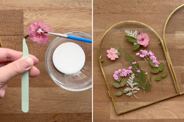 Applying Mod Podge to back of flowers, flowers glued on the glass.