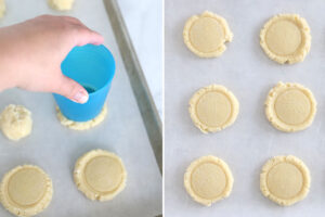 Using bottom of cup to press down sugar cookie dough.