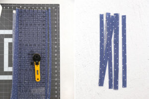 Cutting fabric into strips.