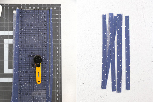 Cutting fabric into strips.