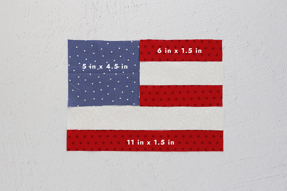 Fabric squares and rectangles cut to size.