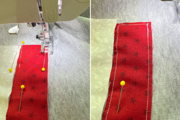Sewing the first stripe to the sweatshirt.