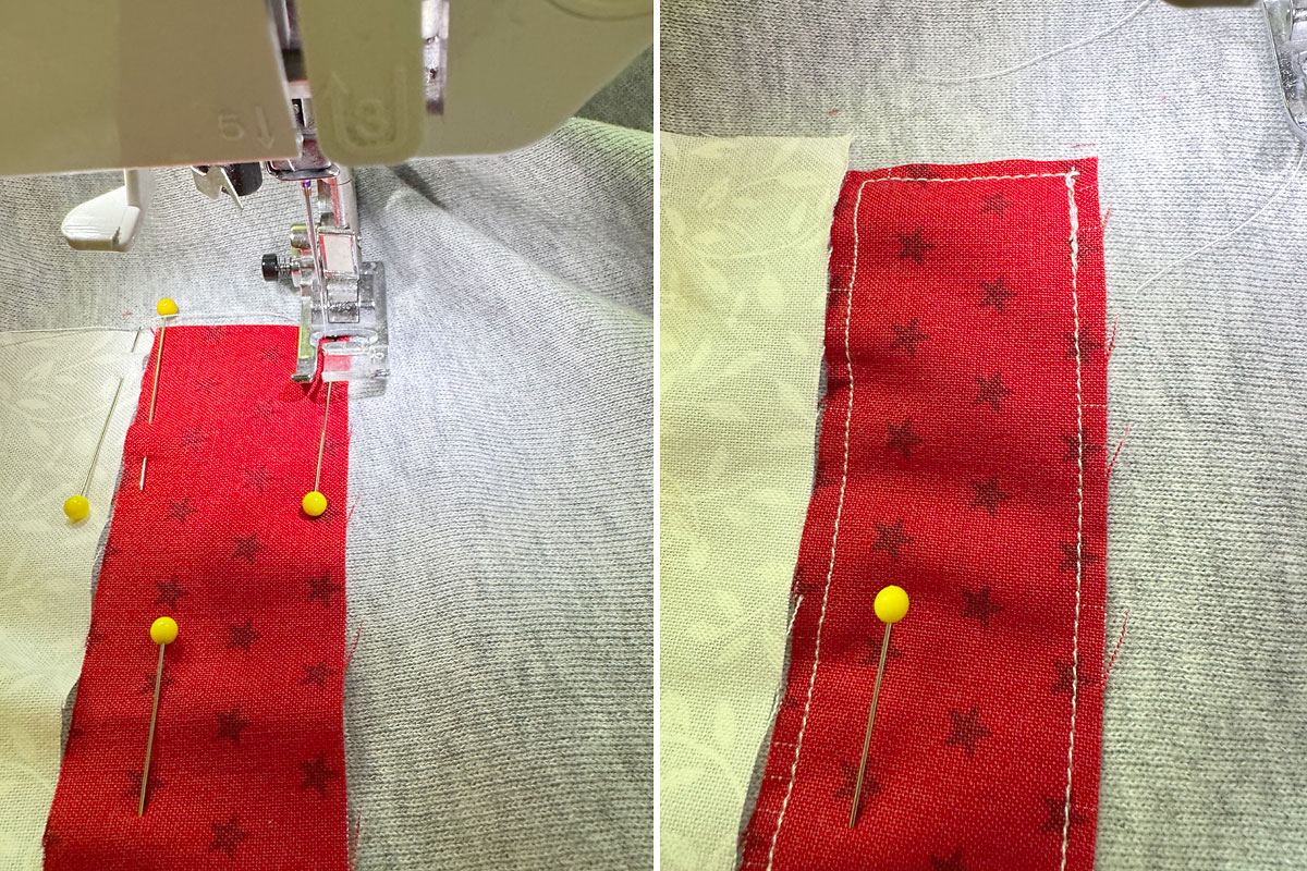 Sewing the first stripe to the sweatshirt.