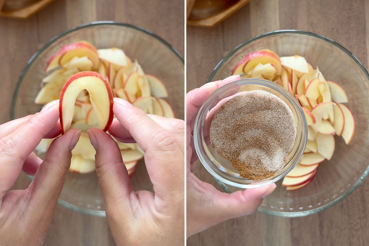 Apples microwaved until flexible; adding cinnamon sugar.