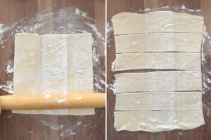 Rolling out pastry dough and slicing into six.