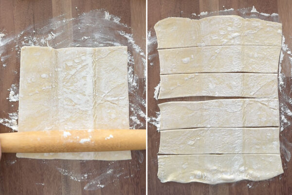 Rolling out pastry dough and slicing into six.
