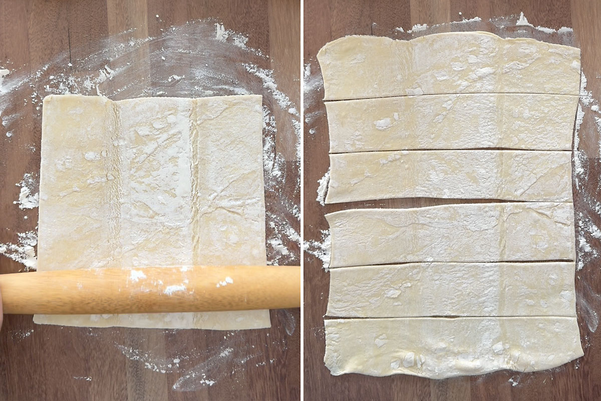 Rolling out pastry dough and slicing into six.