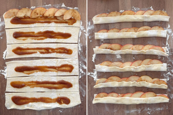 Pastry dough with apple butter and apples on each slice.