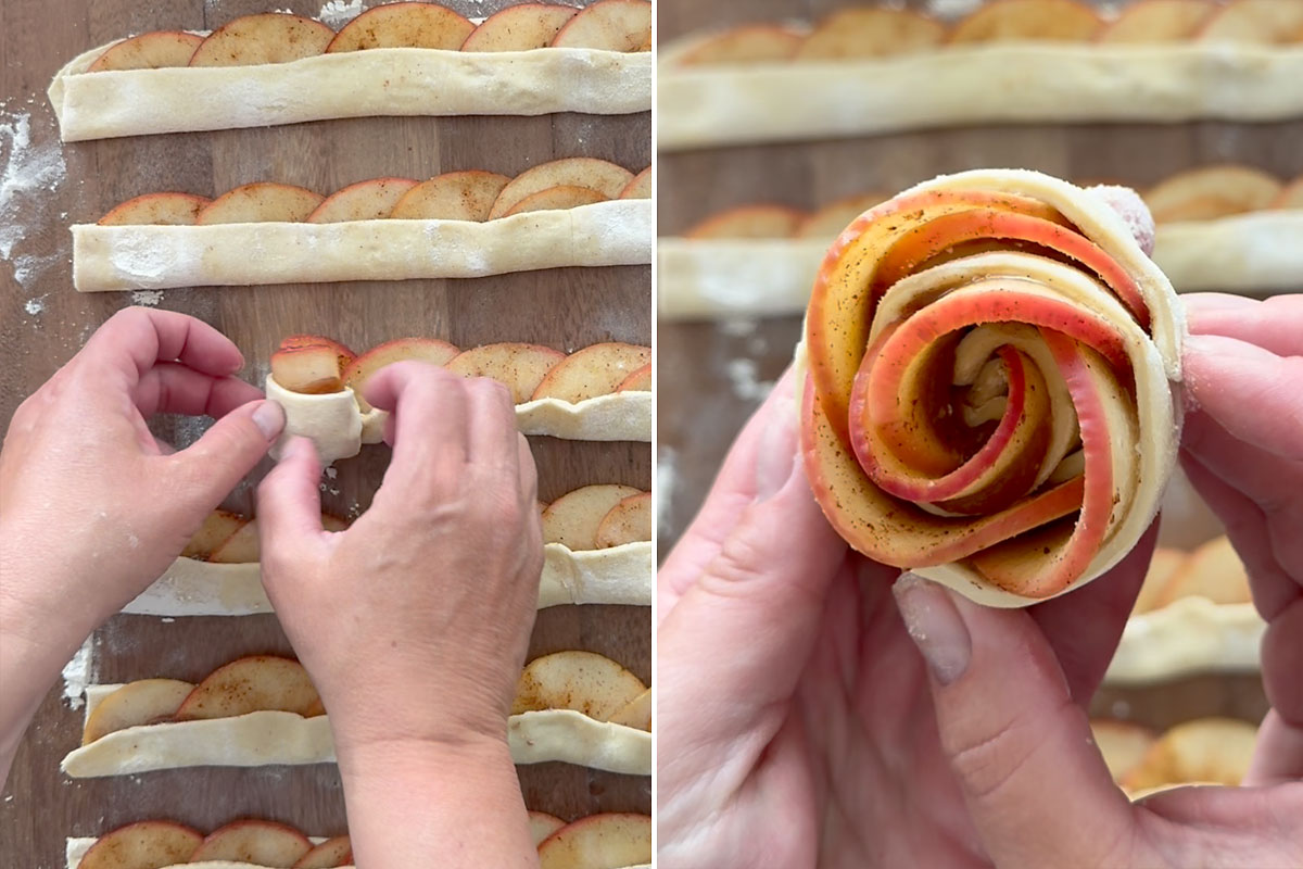Each slice rolled into rose shape.