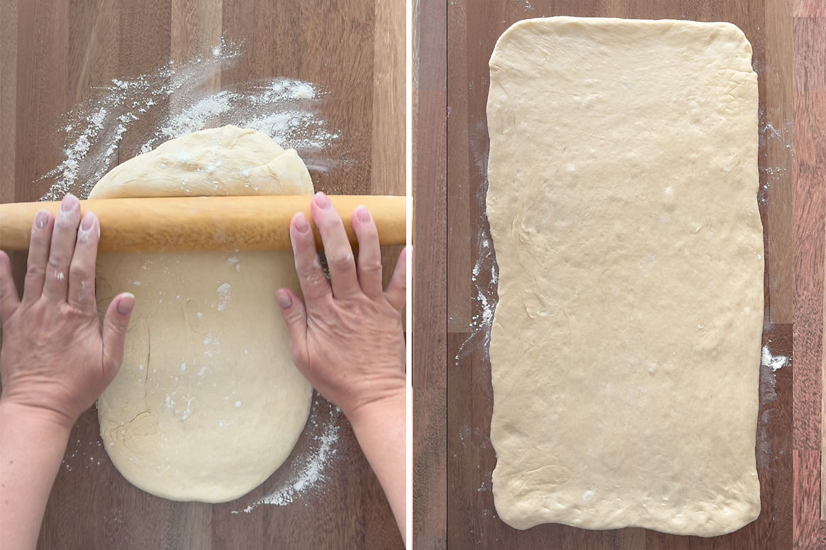 Rolling out dough into rectangle.