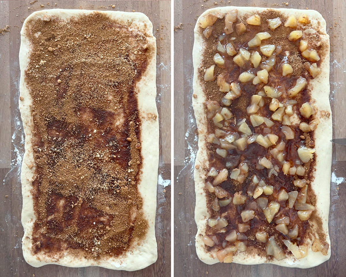 Topping dough with butter, cinnamon sugar, apple pie filling.