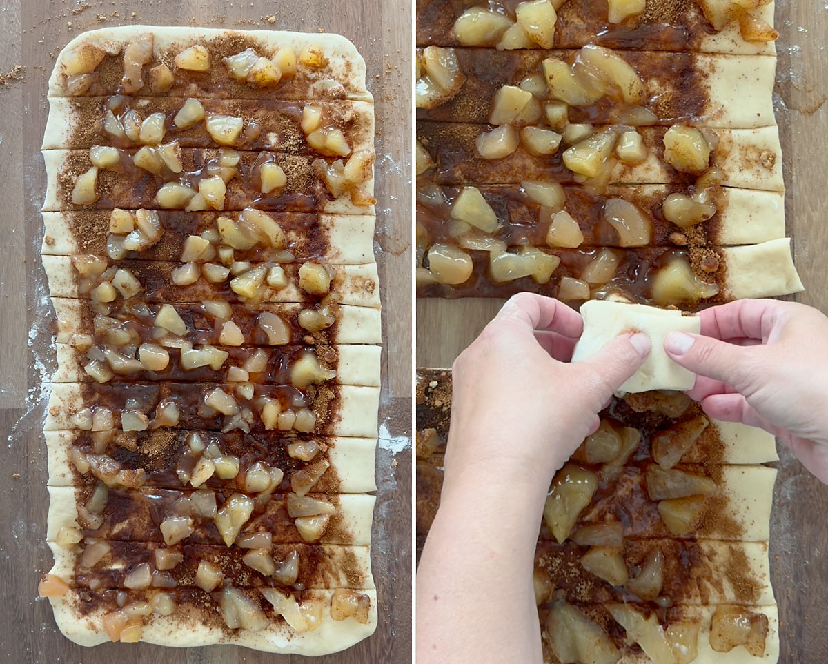 Slicing and rolling up dough.