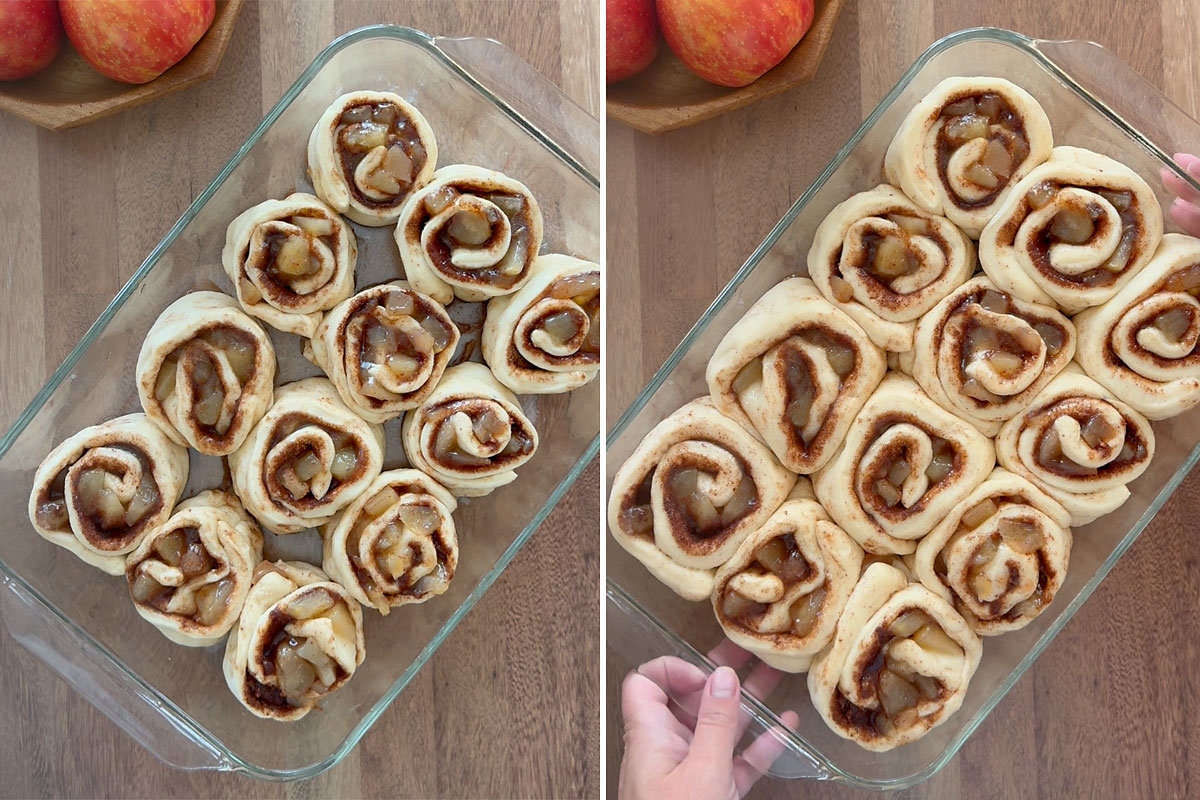 Dough in baking pan before and after second rise.