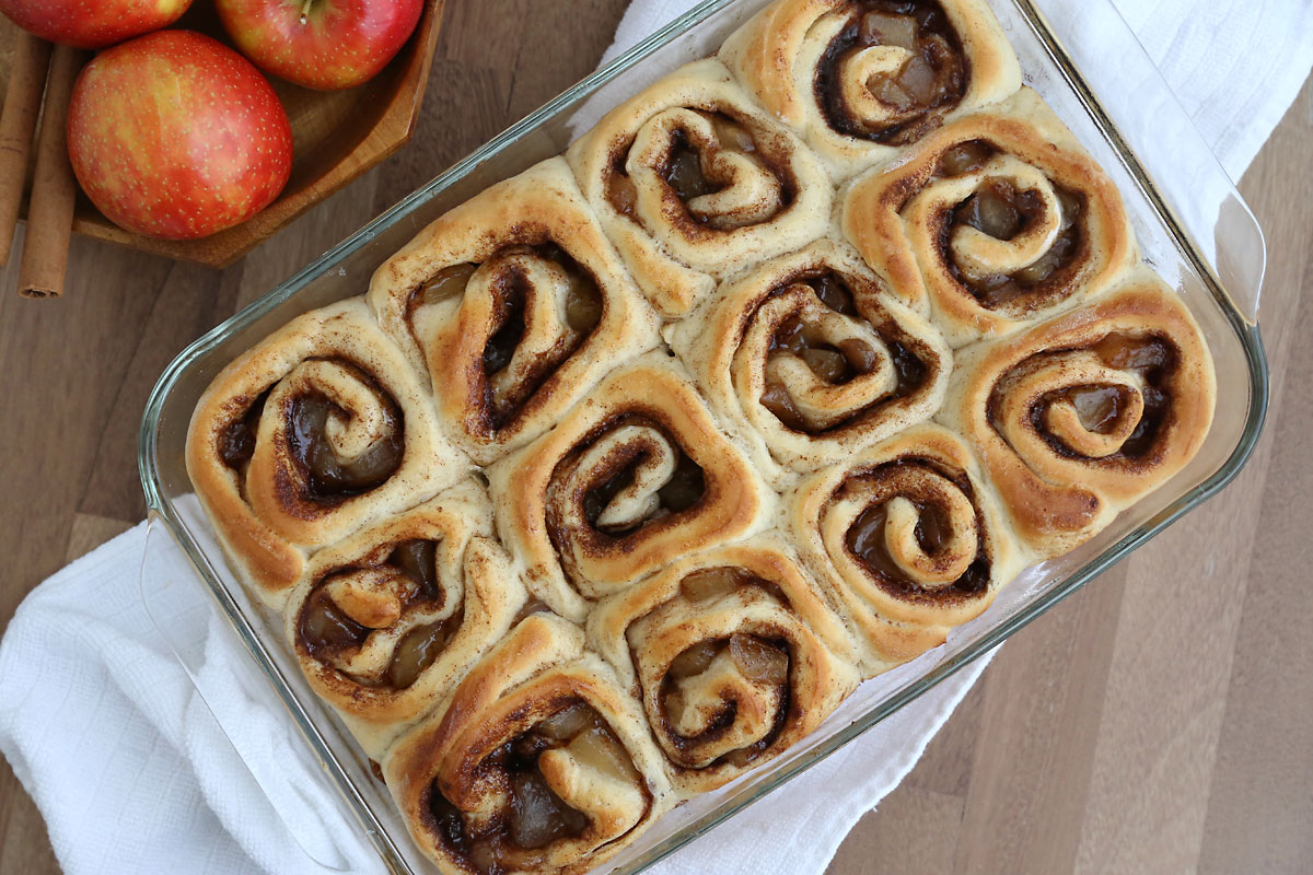 Baked cinnamon rolls golden brown on top.