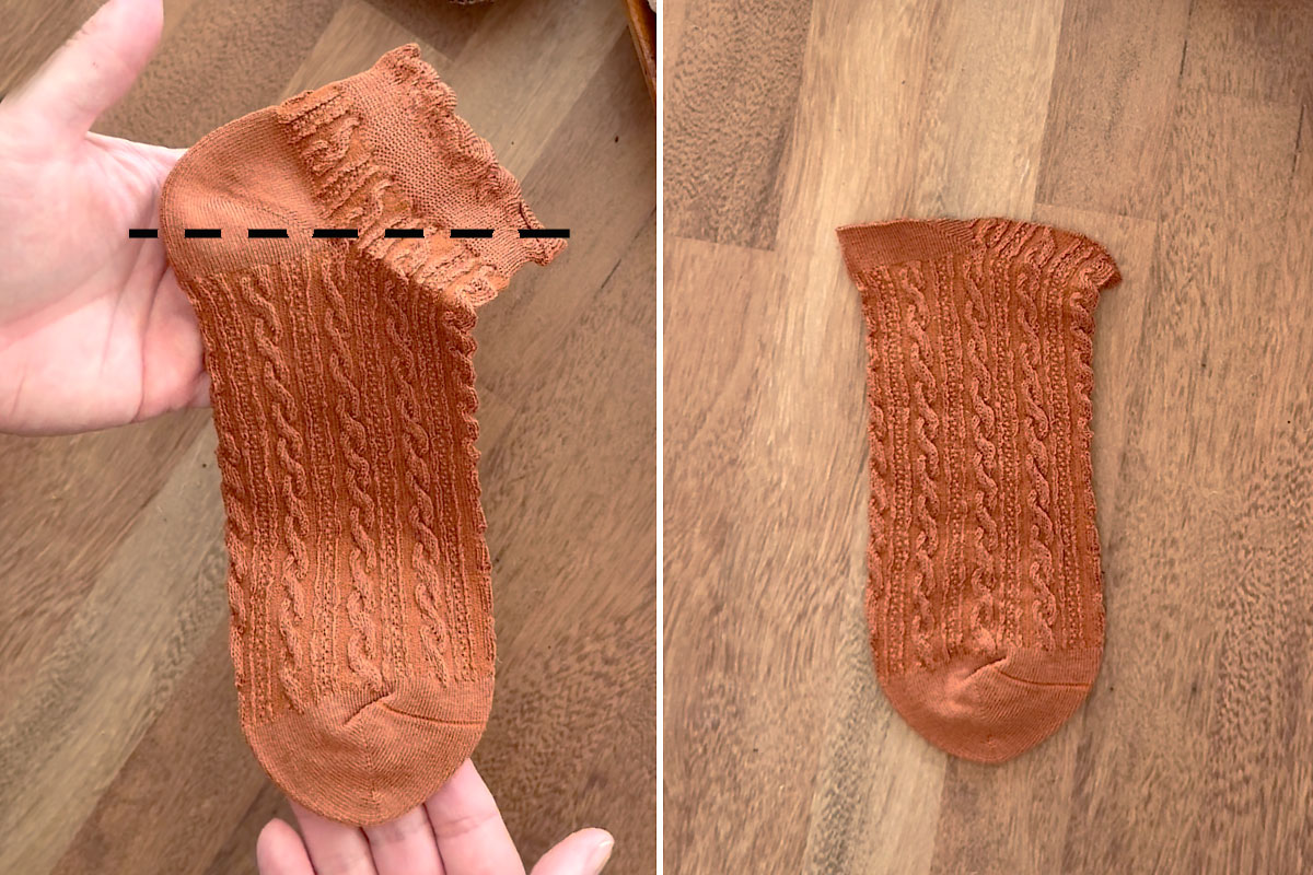 Cut straight across at heel of sock.