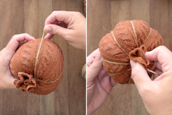 Continue wrapping twine to divide sock into eight sections.