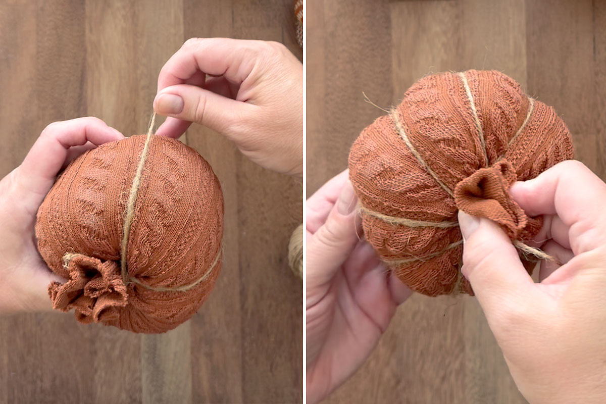 Continue wrapping twine to divide sock into eight sections.