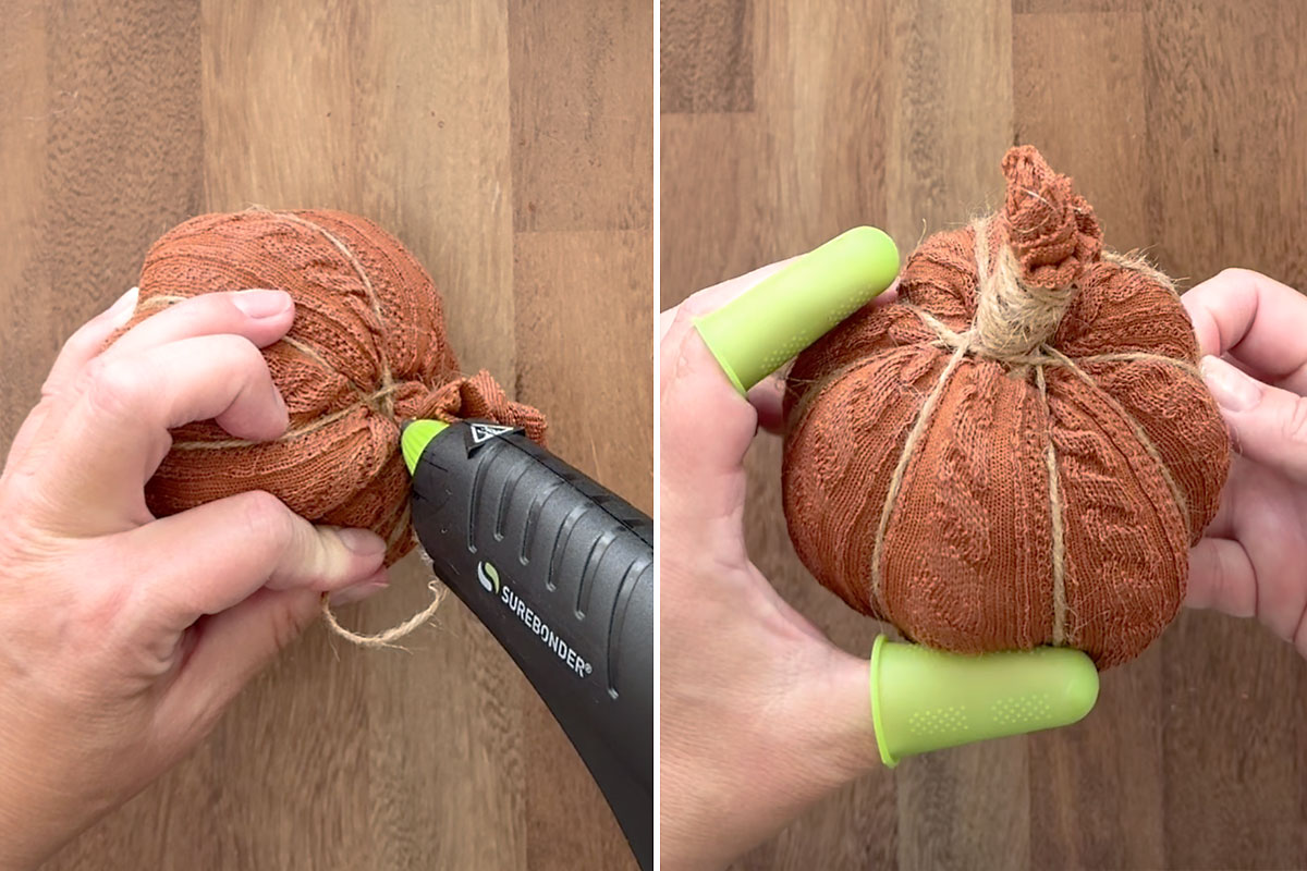 Wrap twine around excess sock at the top, use hot glue.