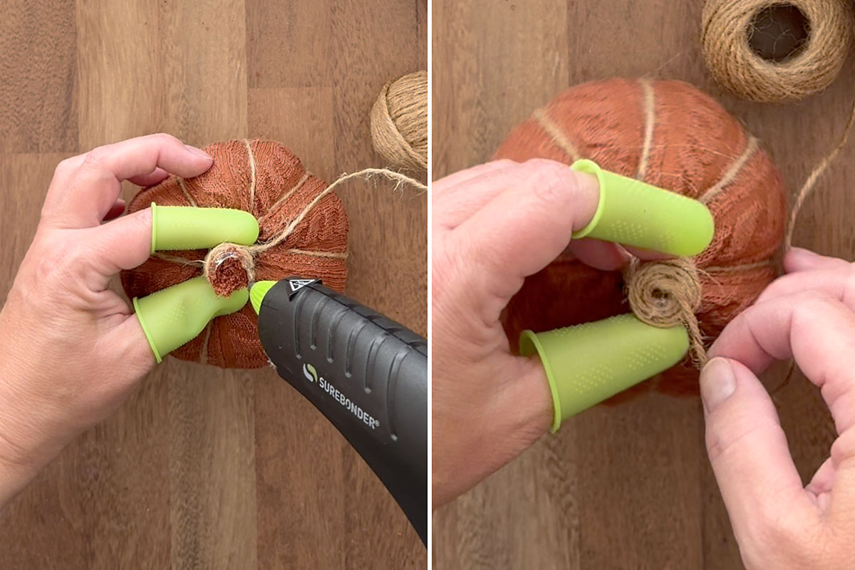 Trim top and glue on twine to create stem.