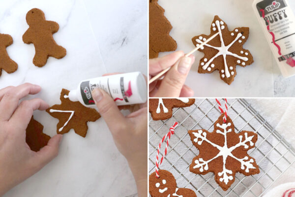 Decorate baked ornaments with puffy paint.