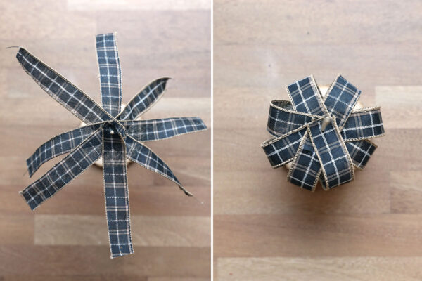 Placing ribbons on skewer.