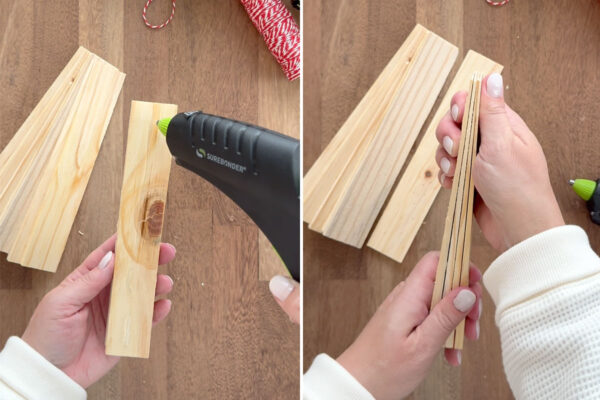 Gluing wood shims together.