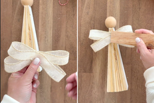 Gluing ribbon on back for wings.