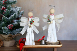 Christmas angels made from wood shims.
