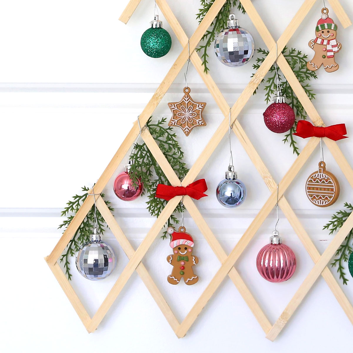 Closeup of decorated Christmas tree wall hanging decor.